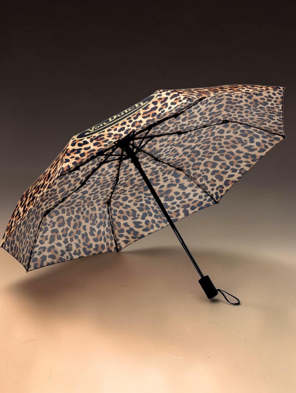 VON DUTCH Automatic Open Close Leopard Print Compact Umbrella - Black Brown - Picture 2 of 7
